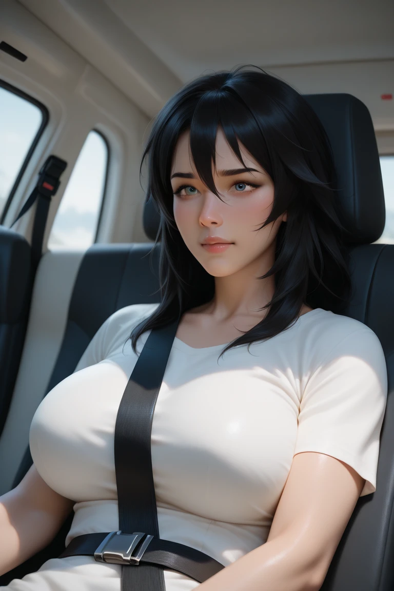1 beautiful woman, large body, curvy, 50-year-old woman, eyes closed, false eyelashes, short ponytail, bangs, black hair, eyelids made up, eyelids outlined with makeup, black polo shirt with a design, light blue jeans, black jacket with zipper and hood over polo shirt, slippers, wearing a brown bag, asleep with her mouth open, asleep lying on the bus seat, hands in her lap, mouth wide open, lips made up, nodding.