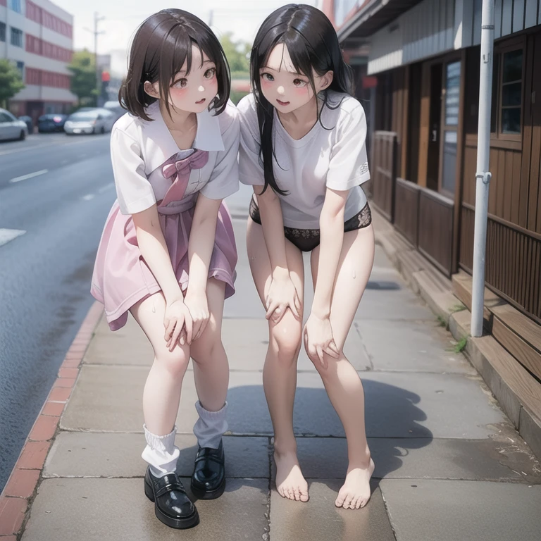 Masterpiece, top quality, high definition, one beautiful Japanese girl, ((sitting with buttocks on ground)), ((underwear almost visible)), short sailor uniform, short school uniform skirt, 16 years old, middle-aged male hand touching leg, urban sidewalk, sitting, many people in background, embarrassed expression, black hair, long hair, bangs, white color, white cy high socks --auto