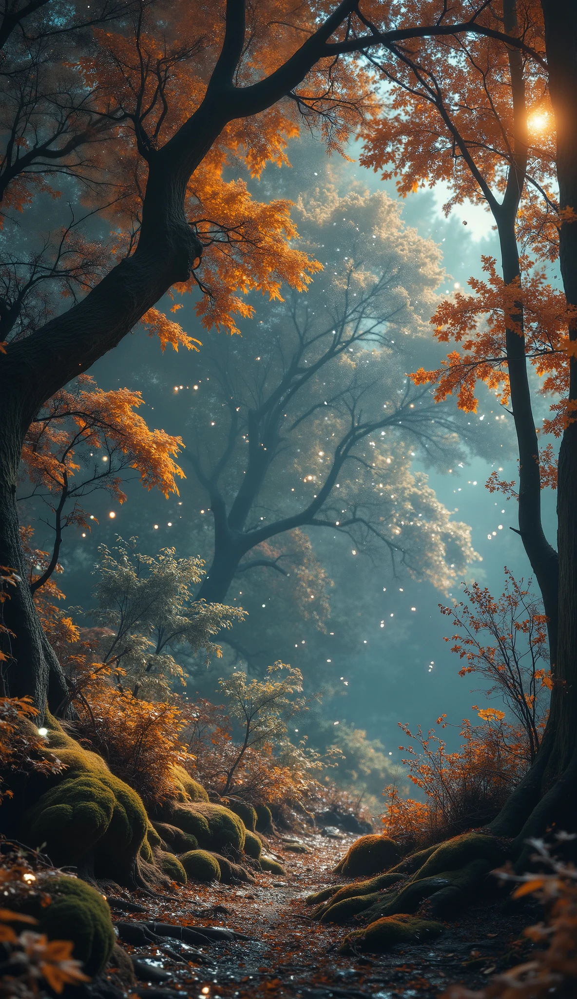 Mystical forest, ((full shot)), ((fireflies flying in the air)), idyllic, dreamy, fantasy:1.3)),
Mystical autumn forest, golden leaves falling gently, soft fog between trees, moss-covered roots, warm low sunlight, painterly textures, peaceful and meditative mood, slow time, sacred stillness
8K, digital art, beautiful digital artwork, ((blue, cyan, brown colors: 1.2)), 8k realistic digital art, soft lighting, ((highly detailed: 1.4) , () , (:) .3 (Photorealistic: 1.4)