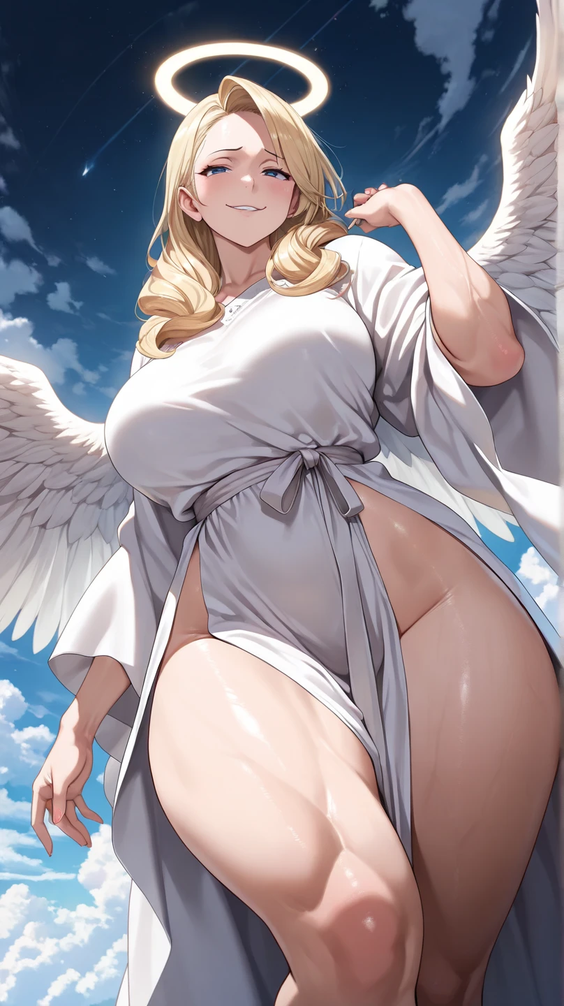 A 20-year-old female angel with long, white hair, yellow eyes, white cat ears, and large white angel wings. yellow halo ring round white glasses Sexy white, leg length evening dress. Stand and look down, hand touching lips.