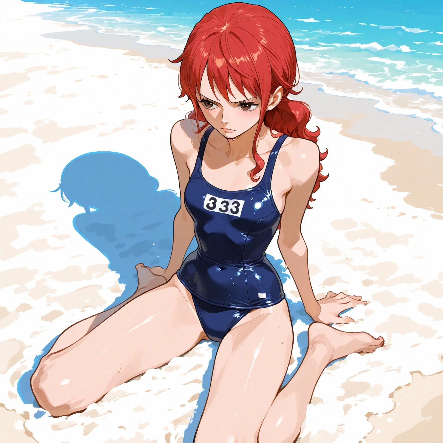Obra maestra, (swimsuit), mejor calidad, (pelo azul), high resolution, Dragon Ball, blmmid, pelo aguamarina, pelo medio, flequillo contundente, banda de pelo rojo, pechos enormes, en la playa, poses