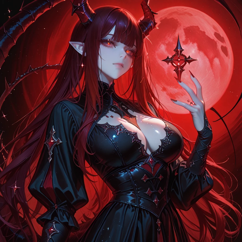 A female milf demon with black demon horn, ((demon horn)), cabelo de rapunzel cor-de-rosa extremamente longo, ((Cabelo cor-de-rosa)), White eyes of the demon, ((olhos brancos)), corpo volumoso com seios e busto enormes, ((seio e busto enormes)), roupa preta rasgada com o peito aberto, black background with moon and chains and the ground is made of a red liquid, olhar perverso e vazio sem brilho nos olhos, Moda realista, sysie high definition details, fotografia, perspicacity, unique 850 4, Koda850 k portrait camera, Primavera F1.6, cores ricas, Textura super realista, textura de luz espetacular, arte surreal, Cinestil 800 mecanismo de moda