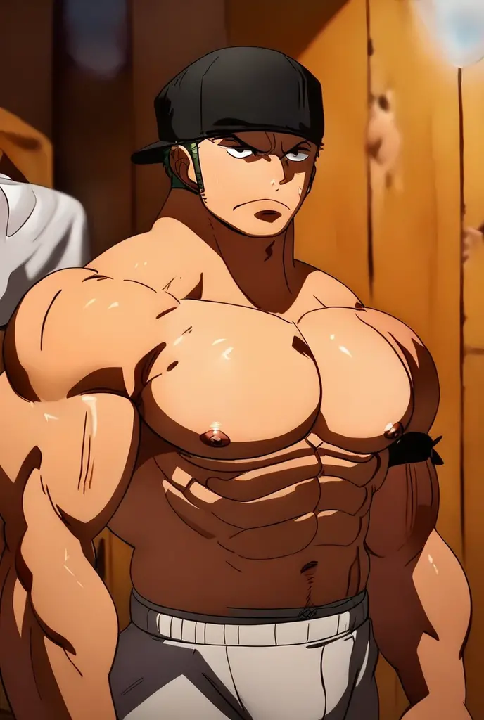 totally naked man showing his flaccid penis, cowboy shot, ruins background. flexing