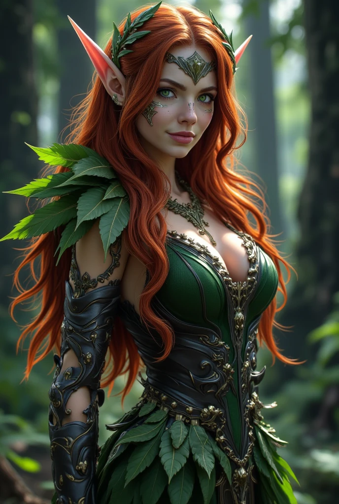 Create a highly detailed image of Elaria Nightshade, a beautiful female elf from the woods. She stands at 1.55 meters (5'1") with a voluptuous and delicate build, featuring a narrow waist, wide hips, and a generous bust. Her skin is pale, like marble, smooth and flawless, with an ethereal glow. Elaria has long, straight, intense red hair cascading to the middle of her back, shiny and silky, often worn loose or intricately braided. Her face is oval-shaped with high, well-defined cheekbones, and her striking facial features include large, almond-shaped emerald green eyes with a bright, intense, and mysterious glint. Her fine, slightly arched eyebrows are a darker shade of red than her hair, framing her eyes perfectly. She has a small, straight nose, full, naturally rosy lips with a velvet-like texture, often curved in an enigmatic smile. Her slightly pointed ears, typical of elves, are usually hidden beneath her hair. Elaria wears enchanted lingerie made of black silk and fine lace, perfectly fitting her body and providing comfort and support. The bra is full-cup with delicate silver thread embroidery forming intricate floral designs, slightly padded and enchanted for light protection. The bottom combines lace and silk, designed for discretion and comfort, also enchanted to resist wear and stay clean.Elaria's accessories include black, tight-fitting leather gloves for precision handling of her weapons and tools, a utility belt with multiple compartments and sheaths for her daggers and potions, and a necklace with an amethyst pendant along with several silver rings on her fingers.