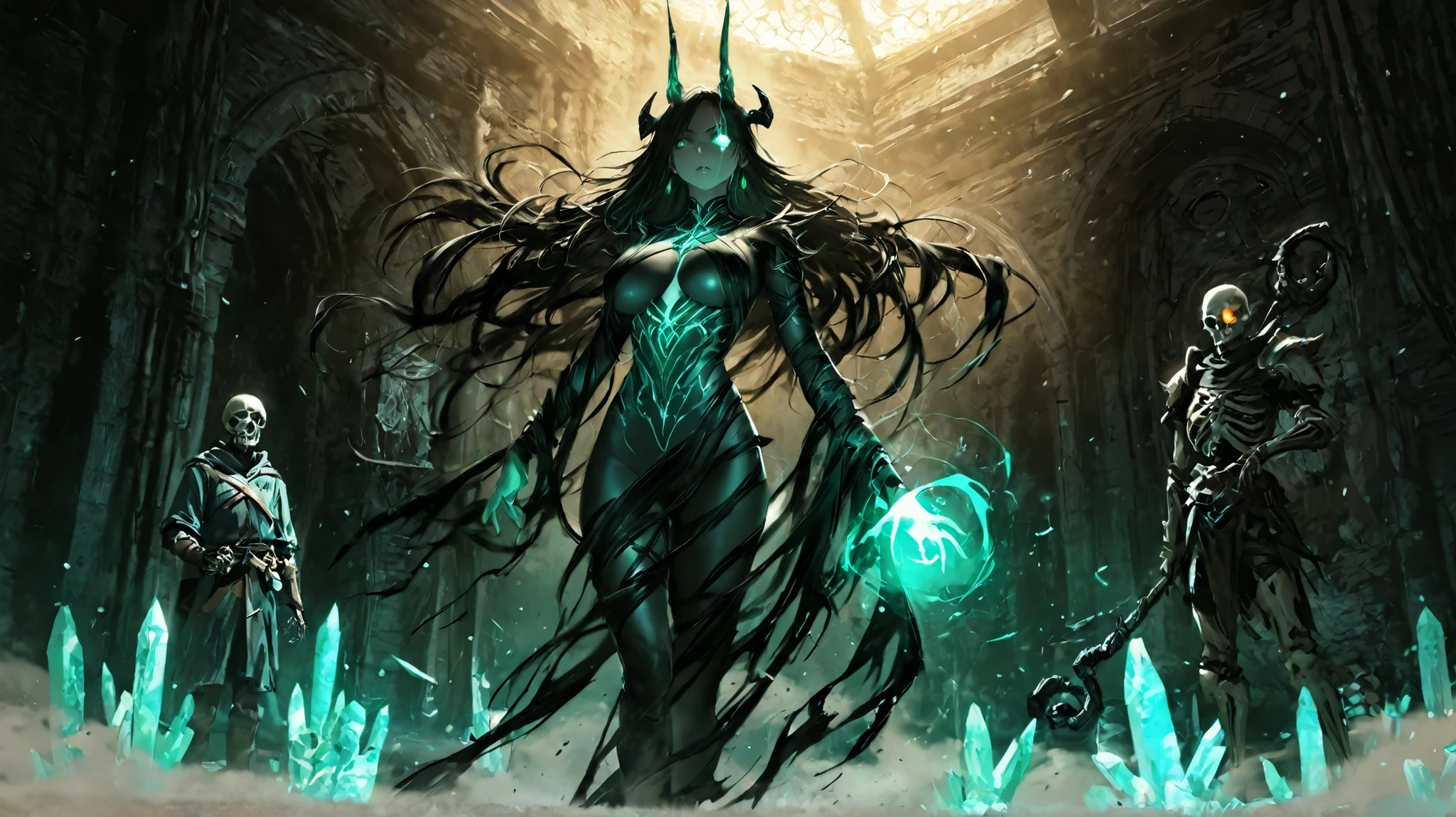 Dressed ((fur)) female alien, anthropomorphic avatar, three eyes, an eye in the middle of the forehead, cat ears, pointed beak, slender fingers, green flashing in the eyes, two hands, looking fierce, with a huge banyan tree, glittering, glowing plants in the background