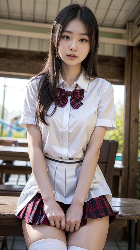 (masterpiece, highest quality:1.2), 8K, young beautiful girl, 85mm,Official AR RAW photo, baby face、big breasts、show me your ears、photo shoot, cute face, thighs, After school classroom, looking at the viewer, embarrassing、smile、no makeup, film grain, chromatic aberration, sharp focus, face light, clear lighting, Ten generations, detailed face, background bokeh、((((((16 year old high school girl))))))、thin waist、open your legs, nude, squirting