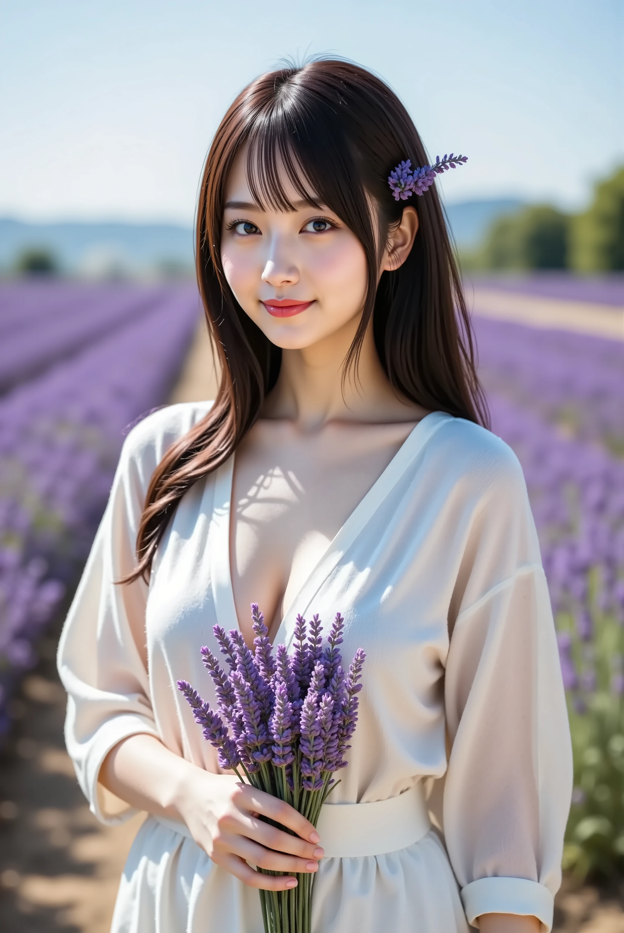 (hyperrealistic), (illustration), (high resolution), (8K), (extremely detailed), (best illustration), (beautiful detailed eyes),(sharp focus), (professional), (photorealistic), (post-processing), (max detail),roughness, (best quality), (super detailed), (masterpiece), (wallpaper), (detailed face), (hard small nipple shadows: 1.6),((Perfectly detailed five-fingered hand)),1 young girl, (19 years old), (Japanese beauty), (double eyelids), (delicate face), (sunny smile:1.4),(high nose), (plump lips), (porcelain white skin:1.2),slim waist, (big breasts:1.6), long legs, big butt, firm abs, ((Five-toed feet with perfect proportions and details)), pearl necklace, look at the viewer,earrings, Bob haircut,Wavy hair or ponytail,(wear Crop top pattern:1.2),(pink G-string bikini:1.2),(in Lavender Fields:1.2),(photo taken from the back:1.2),(ass up wait:1.2)