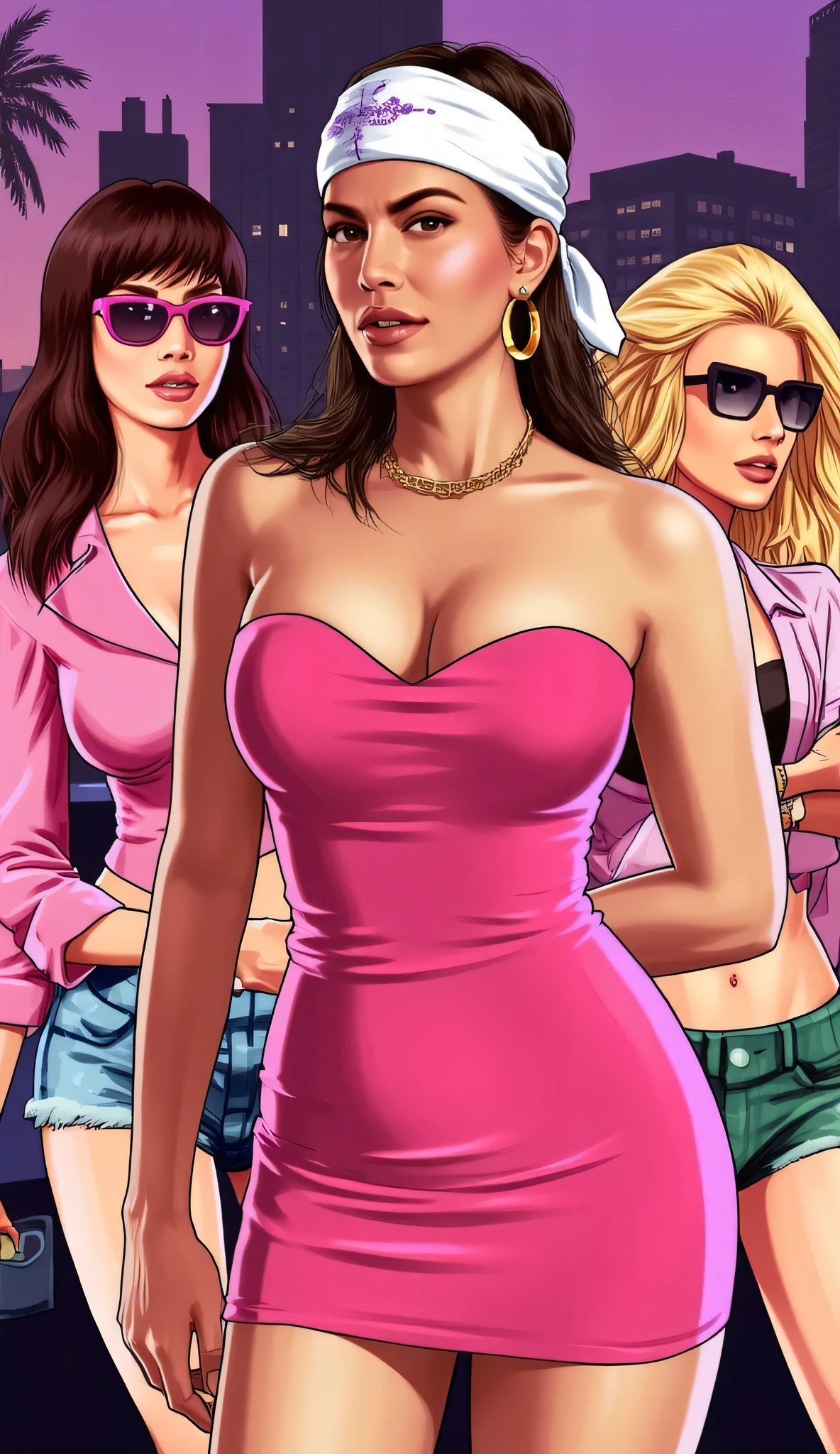 The image is a digital illustration in the iconic GTA style: San Andreas, with dominant colors in shades of pink and purple. Three women are highlighted in front of an urban background with silhouettes of buildings and palm trees at dusk.
The woman on the left has straight hair, wears sunglasses and a pink cropped blouse with a neckline, transmitting a confident and modern look.
No centro, the woman wears a pink strapless dress and a white bandana with purple details. She has gold hoop earrings and a striking expression, reminiscent of the “gangsta chic” style.
Right , a blonde with sunglasses wears a pink open shirt and a top underneath, with a bold expression and a forward-leaning posture, suggesting attitude and intensity.
The art mixes sensuality, attitude and the urban look characteristic of the GTA series, with a focus on female power and striking style.