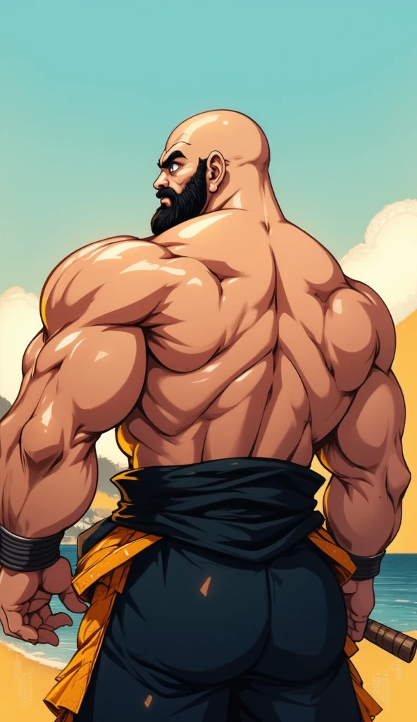 A burly, virile, and hairy werewolf, exuding the irresistible charm of a himbo muscle daddy. His middle-aged features, adorned by a long, bushy beard and a thick mustache, reveal a life of experience and adventure. His body, sculpted into a warrior's build and a bodybuilder's physique, is a testament to his unyielding dedication to physical fitness. The hair on his chest and belly forms a carpet of thick fur, while his hairy arms and legs are adorned with a natural, untamed layer of hirsute. Every muscle on his overmuscular and musclebound frame is defined and bulging, veins pulsing beneath the surface, hinting at his incredible strength. Despite his advanced age, his grey hair only adds to his handsome and dreamy appearance.