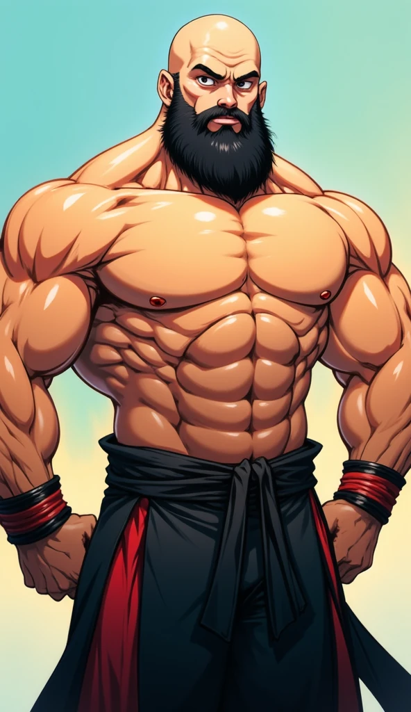bodybuilding physique, A muscular man with a strong build.. He has a well-defined jaw and a serious expression.. Su piel es clara, y tiene barba corta. Boxeador o karateka, pose de karate, pose de boxeo, only pants, hermoso rostro,lleno de luz,Una mirada decidida