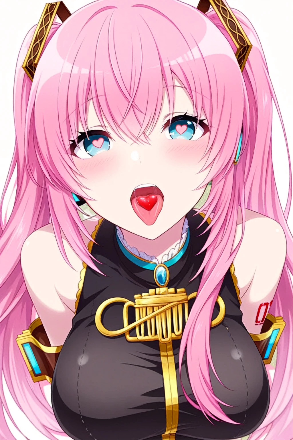 masterpiece,Beautiful adult woman ,Megurine Luka,Megurine Lukaの公式衣装,headphone,Black costume with gold decoration,Pink long hair,blue eyes,Embarrassed expression,blush,E cup breasts,Showing nipples,With a short penis between her breasts,Titty fucking the penis,Put your chest close,Taking a short penis deep in her mouth,Sperm coming out of the penis,Draw the upper body,front,First-person view,Bedroom