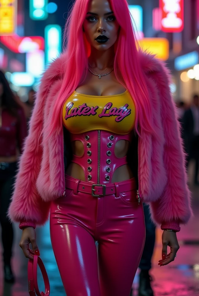 Bimbo milfs, slutty, huge fake lips, huge fake breasts, very long hair, hair extensions, multi colored hair, fake booty, fake tan, tattoos, fake lashes, fake long fingernails, thigh high boots, latex boots, latex skirt, fur, mini tube top, Louis Vuitton bag, walking, street, outside, full body viewz uncropped, high quality, face detail