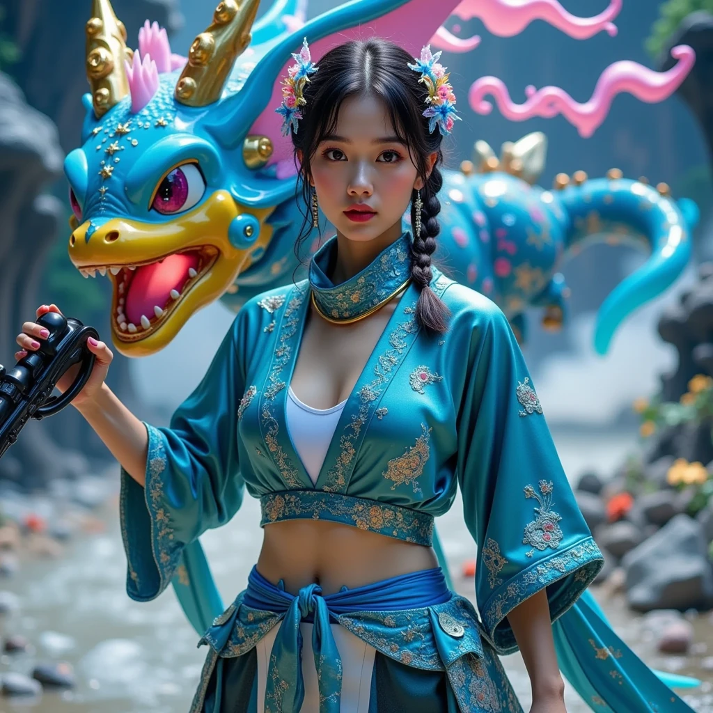 (busty malaysian woman:1.1, age 40:1.1, hijab no hair showing:1.1, athletic:1.1, many chains jewels and charms, wielding magic weapons), final showdown against a jeweled dragon, (best quality:1.2), ultra-detailed, realistic:1.37, HDR, studio lighting, vivid colors, portraits, sharp focus, physically-based rendering, extreme detail description, professional, bokeh, vibrant color palette, dramatic lighting, show their fiery battle