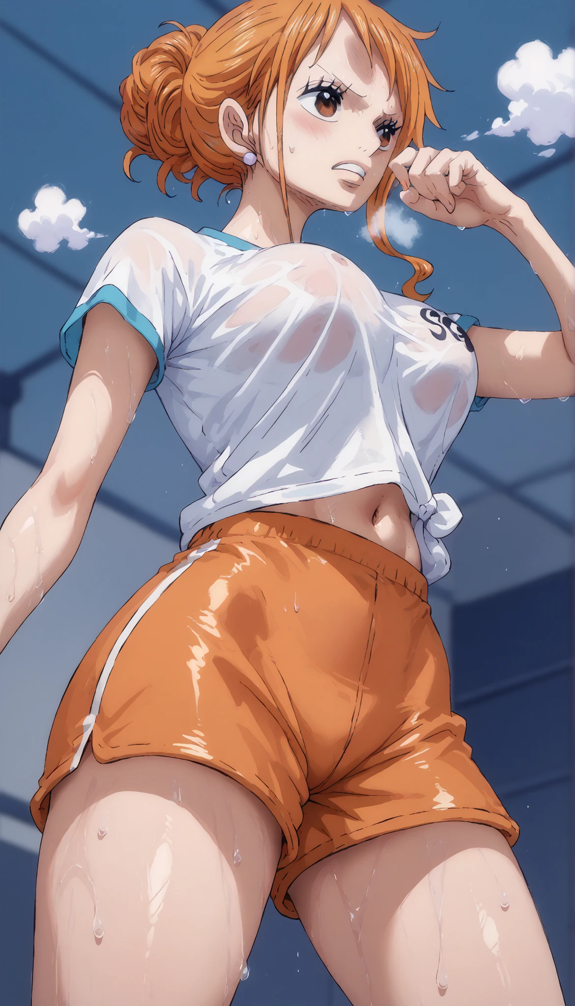 woman,20-year-old,,city,,(((spats,sports bra))),,closed mouth smile,(See-through),(()),((black hair)),blush,,((sit with legs wide apart))(wet with sweat)