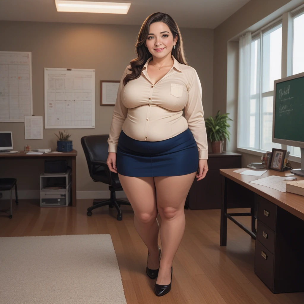 Best Quality, 8K, masutepiece, 70 years old brunette chubby spanish teacher in a short dress, sitting on a desk in classroom, legs spread