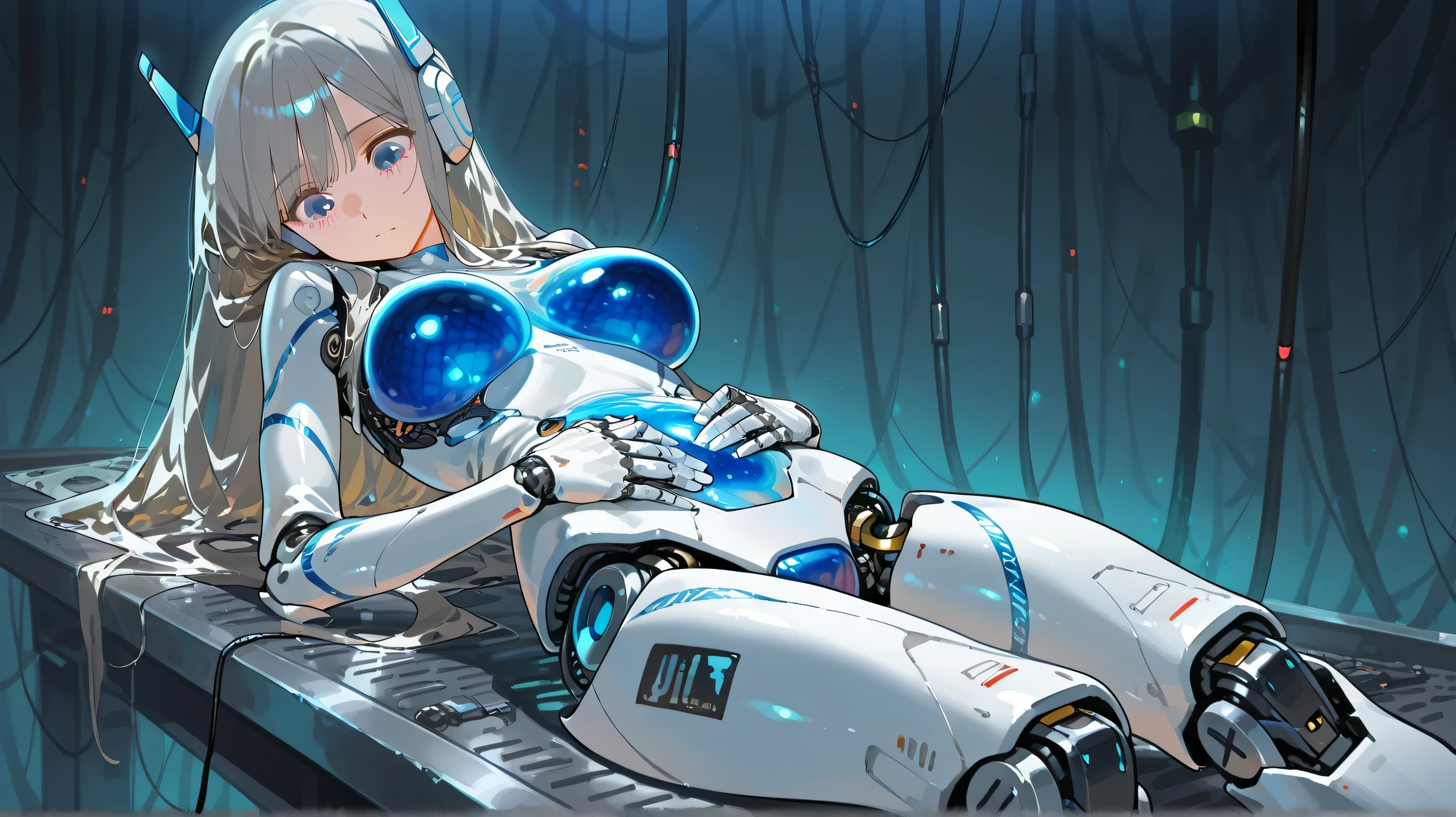 Cyberware, cybernetic lines, exposed mechanics, cable,cyborg, mechanical parts, robot joints,,nsfw, female head,long hair,cyborg style,cyborg,JK, soft large breast,master piece,best quality,ultra detailed,ultra hires,8k,beautiful detailed face,beautiful detailed eyes,cinematic lighting, good_hands,breasts, 1girl, shock, noticing, looking down in shame, craving, robot ears
, from behind,legs closed
Scene: a woman presenting her crotch sitting on a metal table to the viewer, looking down lamenting a loss, inspecting crotch, frowning, one hand on belly, one behind back
Atmosphere: Android, neon, future, thin lines, no skin color
view from below and side,
background: screens, cables,