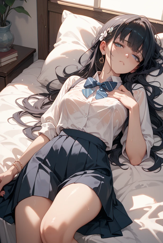 (Shot from above), Highest quality、beautiful girl, (High school girls)、White sheets, ( Girl lying down), 16 years old, 8k、RAW Photo、(skin:1.2)、Ultra-high resolution、(lens:50mm)、(F/1.2)、Beautiful Face, ((Hair gets messy)), light makeup, Slender body, (Medium chest, Beautiful body lines), (Delicate eyelashes), (Embarrassed:1. 2), (Red cheeks, Close your lips), (Close ~ eyes, Frowning), 16 years old, Straight Hair,(Messy bangs), Brown eyes, beautiful girl, 16 years old, Very beautiful girl, White shirt, (The button on the chest comes off, The lines of the body are visible),((Pleated skirt)),(I can see her white panties), Beautiful body lines, Shallow depth of field, White wall, Bright windowsill, Shot from above, (Knees together、Spread your legs), White sheets