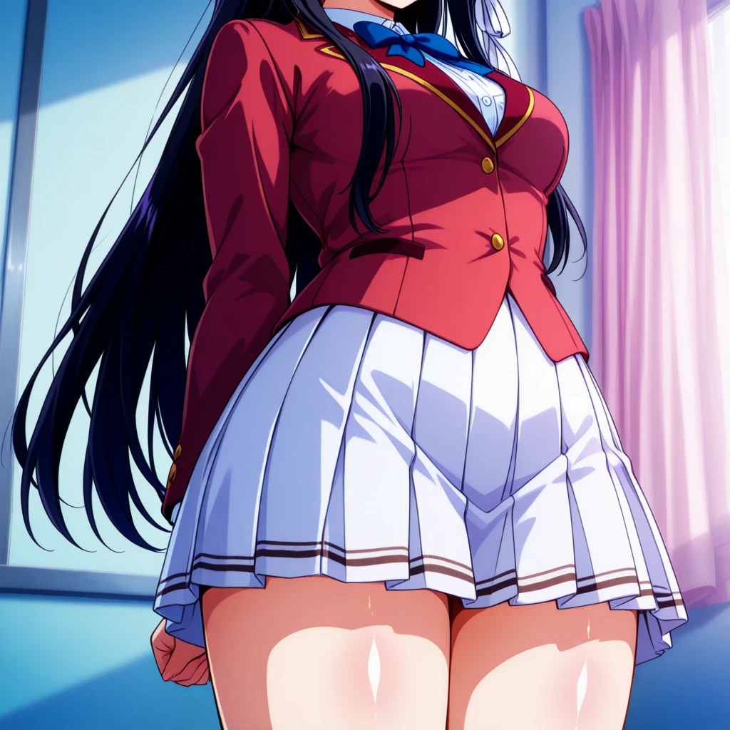 ((((masterpiece、Highest quality、High resolution)、anime)))、Black Hair、Beautiful breasts、(Dynamic pose)、looking at the camera、(Beautiful detailed face、Beautiful big eyes)、((One beautiful girl))、Good sensitivity、((Sexy pose))、((Embarrassed face))、Red cheeks、Spread your legs、(((Blushing with a bitchy expression)))、Disrupting the Japanese sailor uniform、Wear a blue flared skirt