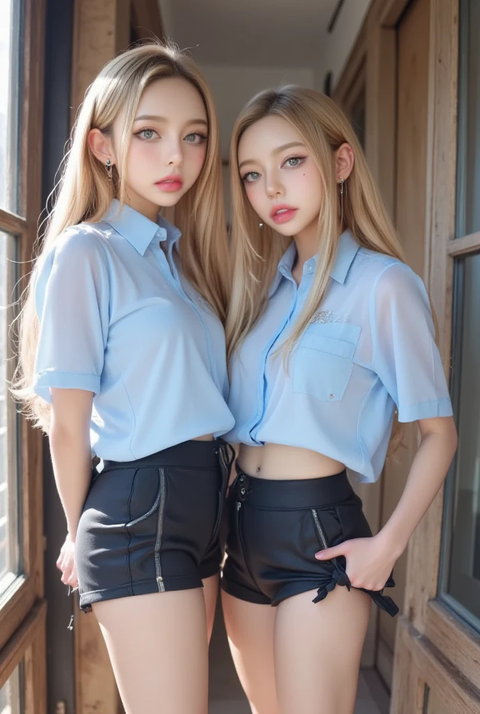 2girl, (twins), (Blue eyes), (Smile), (Sana Minatozaki), wide hips, Big Boobs, big ass, round butt, (Best Quality, 8k, Masterpiece: 1.3), perfect hands, Clear Focus: 1.2, Perfect Body Beauty: 1.4 , Slender Abs: 1.2, Highly detailed face and skin texture, detailed eyes, double eyelids, (blonde long hair), (with his twin sister :1.4), (black mini skirt), (white cleavage shirt), standing, dynamic pose, in a square, trees in the background