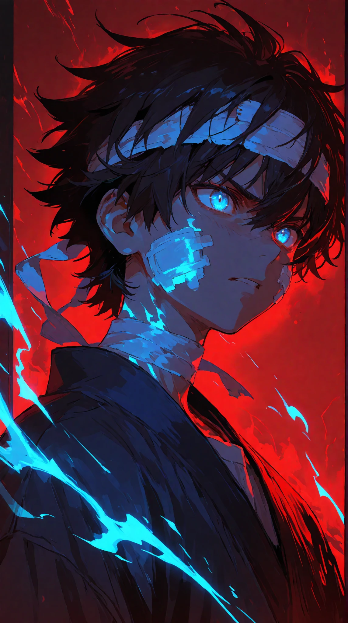 Anime teenager boy who has Black hair with glowing blue eyes that looks like gojo's eyes wearing Jujutsu high uniform charging a red glowing blast above his 2 fingers as he forms a gun hand sign while smirking with his mouth opened as his eyes glowing blue and wide opened looks so rare background a space with a black hole behind him as he float in the space his face was covered with blood and he has some body injuries as he's about to shoot the red blast