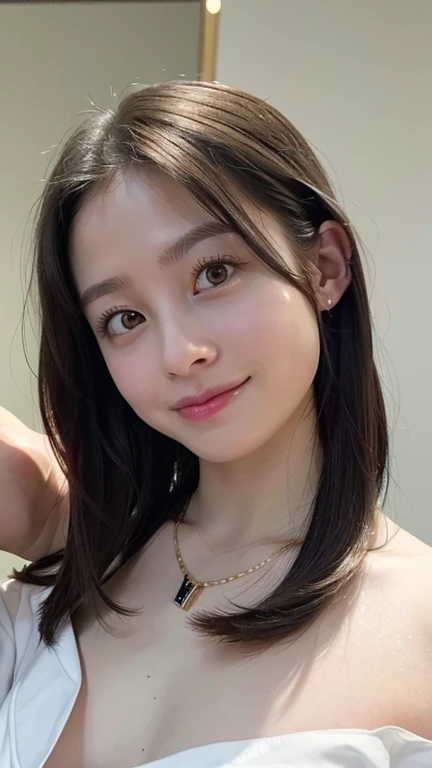 (((Highest quality))) ((masterpiece)) ((Real beautiful girl)) Japanese girl (Beautiful face) clear ((Baby Face)) Appearance like an idol ((naked)) (Flat chest) Slim figure smile ponytail Creating Bangs