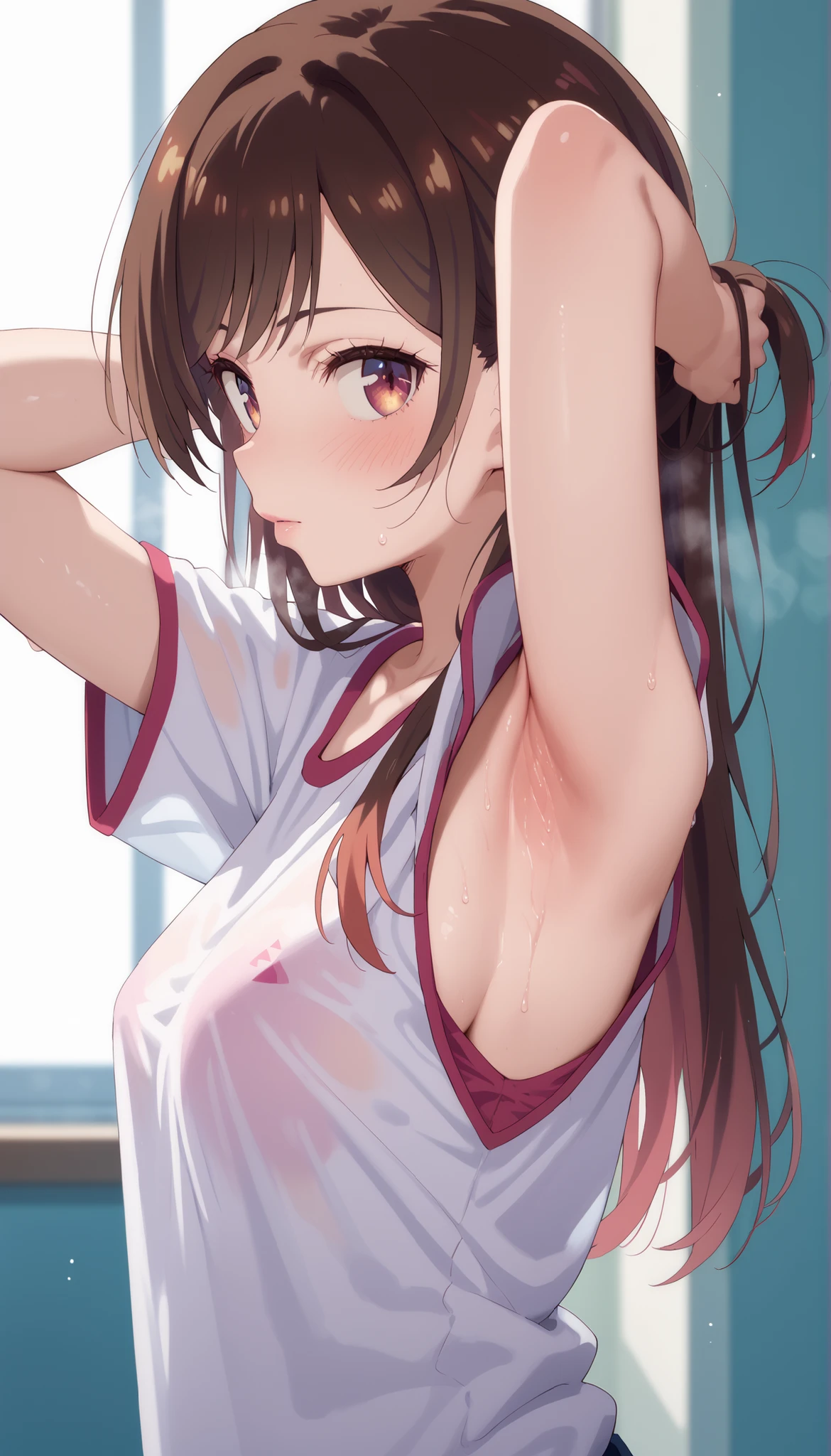 mastute piece,Best Quality,insanely detailed,8k cg,nsfw,
(shoot upper body:1.3),
(1girls:1.3),standing,looking at viewr,body in front,both arms behind back,(table-tennis-uniform:1.3),(bare breasts:1.1),(bare nipples:1.1),
break,
blush,shy,(ecstasy face),(trembling:1.2),break,(light red hair:1.2),
break,
perfect breasts,perfect teats,(open mouth:0.9),(large breasts:1.2),
(indoor-sports-field)、