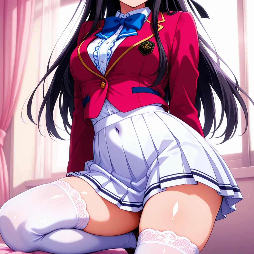 From before, (from below:1.3), panties focus, (close), 14, minase nayuki, baby face, winding, (red canon uniform:1.2), white capelet, (skirt lift), light blue hair, black stockings, (sit on a chair, spread your legs), raise your feet, white detailed panties, (embarrassing:1.3), smile, (spoken heart:1.3), skindantation, indoor, (classroom), blackboard, window, (snow scene:1.2), (masterpiece, highest quality, High resolution:1.3)