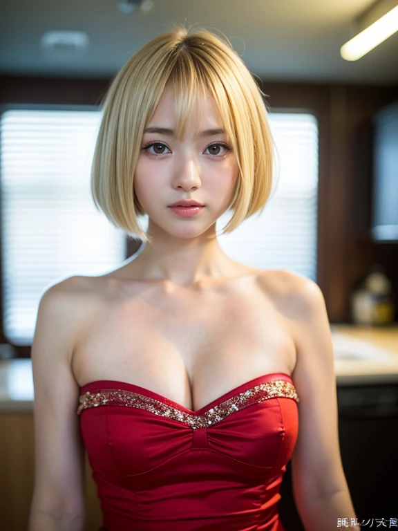 Japan 20-year-old woman,A beautiful and cute girl,Great smile,Red Eye Shadow,Fancy makeup,double eyelid false eyelashes,bright blonde hair shortcut,her hair is delicate、With transverse waves、'a little noisy..。.,Bare shoulders in Santa Claus costume,sexy in red bra,Small breasts and small breasts,Close-up of lower body looking at camera,Professional Photographer,masterpiece,8K,The background is a beautiful room with a large stuffed animal.,The skin is clean,Hand Precise,From above:1.5,