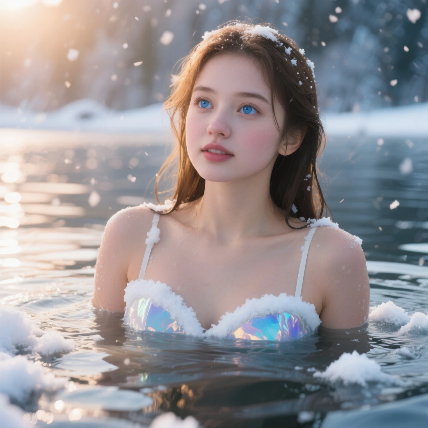 ((highest quality、table top、8K、best image quality、extremely complex and detailed depiction))、The most luxurious and highest quality giant tiara、The most luxurious and highest quality giant necklace、(The most gorgeous real mermaid:1.1)、(Snow Forest Pond:1.1)、(Little mermaid in a pond in the forest:1.1)、(the most beautiful perfect mermaid tail:1.4)、(real accurate mermaid tail:1.4)、(Real scales that shine elaborately:1.4)、small valley、skin as white as snow、glowing skin、(The silver shining sleeves of the finest goddess:1.1)、(Super high-definition mermaid scales that shine in silver:1.1)、elegant decoration、Diamond decoration、artistic decoration、finest jewelry decoration、Luxury beyond imagination、the most luxurious decoration in the world、shining snow、Shining blizzard、Fantastic snowscape、Snow like a jewel、Diamond dust、The most realistic and complex background、Highly detailed and realistic background、look at me and smile、(pure white skin:1.1)、Pure white makeup、(accurate anatomy:1.1)、Photo above the waist、キラキラと微細にshining snow、epic movie lighting、the most delicate sparkle of snow、tree covered with snow々、beautiful tree covered in snow々、(美しいfantastic starry sky:1.1)、epic movie lighting、fantastic starry sky、starry sky in snowy mountains、that'It's snowing、snowy forest(A transparent pond that emits light:1.2)、(Light blue mist:1.1)、blurred background、portrait photography、