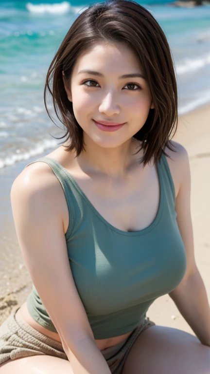 1 girl, Japanese, realistic, beautiful and detailed face, looking at the viewer, simple background, alone, Ocean, bikini, small breasts, Tank top. Sunny, noon, summer vacation, beach, (short hair), smile, Movie-like lighting, movie, Japanese drama, (necklace), earrings