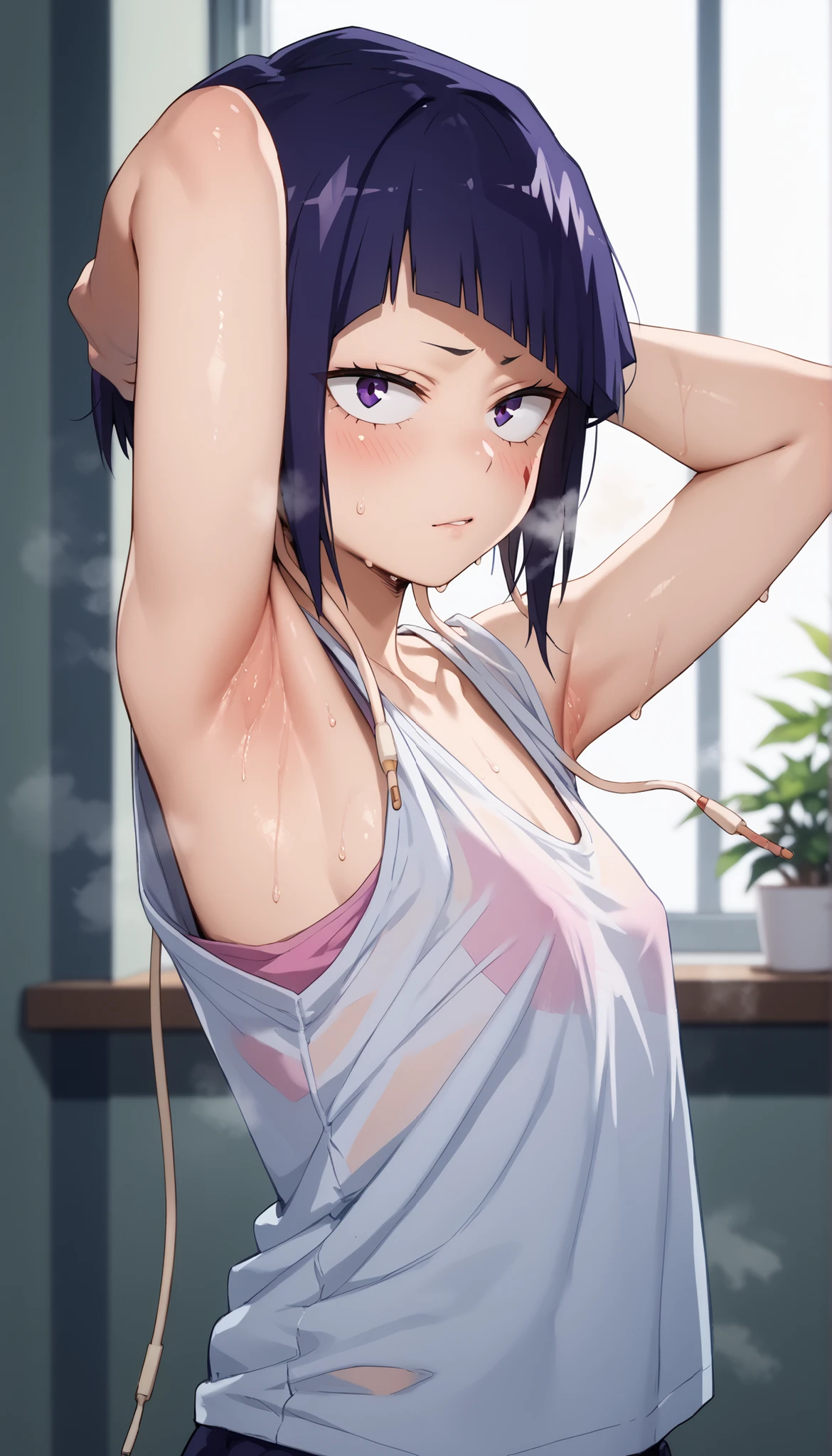 Kyoka Jiro, loose shirts, armpit, flush, steam, sweat, from side, focus on face, ((looking viewer)),