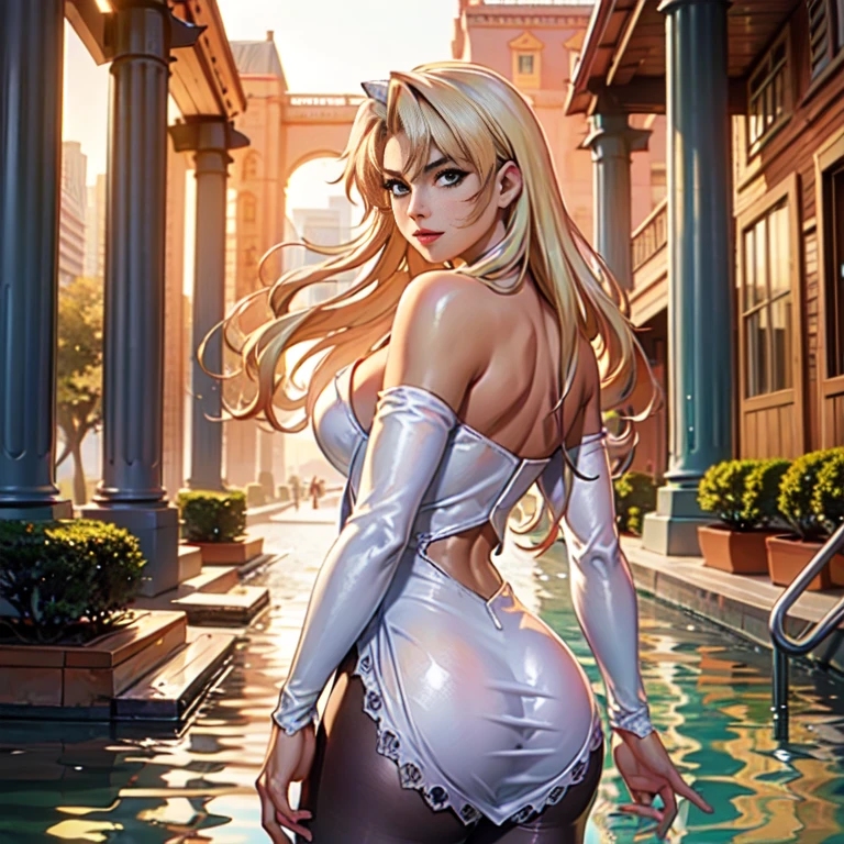 Christen Courtney style full-body portrait, low-angle close-up, in a modern sexy white cyberpunk swinsuit, tight lingerie, cleavage, bushy, hoop hearins, long blonde styled hair, blue eyes, parted lips, beautiful woman wearing a sexy white cyberpunk swinsuit, artstyle by Adam Hughes, masterpiece, back view, big booty, perfect pose, high quality, fine lines, thin strokes, ink painting style, soft colors, flowing brushstrokes, dynamic angle, night at the top of building