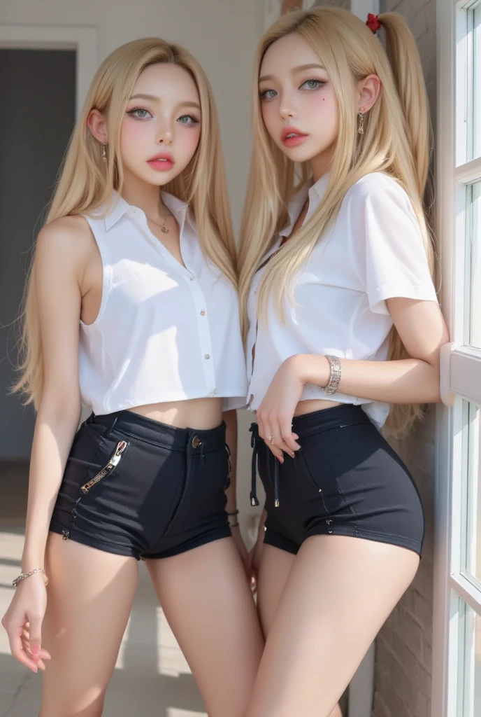 (8k:1.27), best quality, masterpiece, ultra highres:1.2), two kidnapped fat lesbian goth girls with arm tattoos kissing each other, tattooed girls, full body picture, old white rock band oversized knotted t-shirt, big t-shirt, short big sleeves, black short sport pants tied with a rope, wearing dirty old goth clothes, dyed yellow blonde hair, one girl with short blonde bob hairstyle shoulder length and blonde hair bangs, one girl with dyed bright long red hair with back ponytail, one girl with long pink hair and messy bun, one girl kneeling and one girl standing in a dirty room, handcuffed, two girls with hands tied with rope behind body, submissive neck choker and checkered keffiyeh scarf in neck, 4k or 8k picture, looking at the floor down very sad, very sad face, paisley bandana pirate style headscarf, smelly, barefoot, rope hanging from ceiling, one girl dominating the other girl by grabbing her neck pulling her to a wall, tattoed bodies, overweight girls