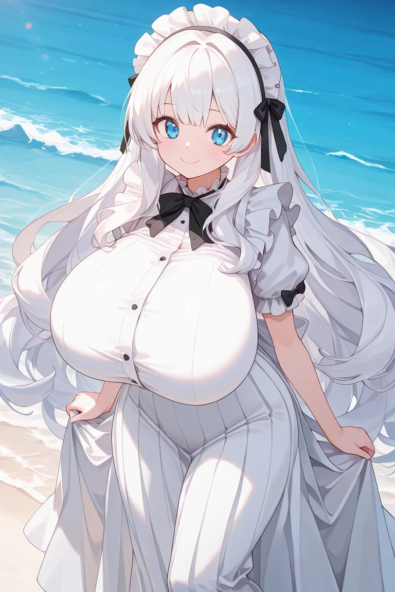 masterpiece, high quality, high detail, 4k, rtx, high resolution,1girl, blue_streaked_hair,hair_over_one_eye, blue_eyes,very long hair,braid,white hair_ornament,white skin,black nail_polish, solo,long sleeves,(white bandeau:1.4), strapless, microskirt,thighhighs,thighs,: o,cute face,(pov:1.2),(facing viewer:1.2),(Well-shaped and firm huge breasts, developed huge breasts:1.3),(underboob:1.2),(happy),stomach, navel,aged_down,sitting,hands between legs, beach