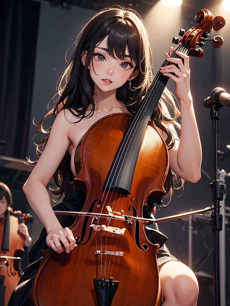 A little girl with colorful hair stands on stage playing the violin,Do not wear panties and bras(toppless)8k wallpaper frontal photography