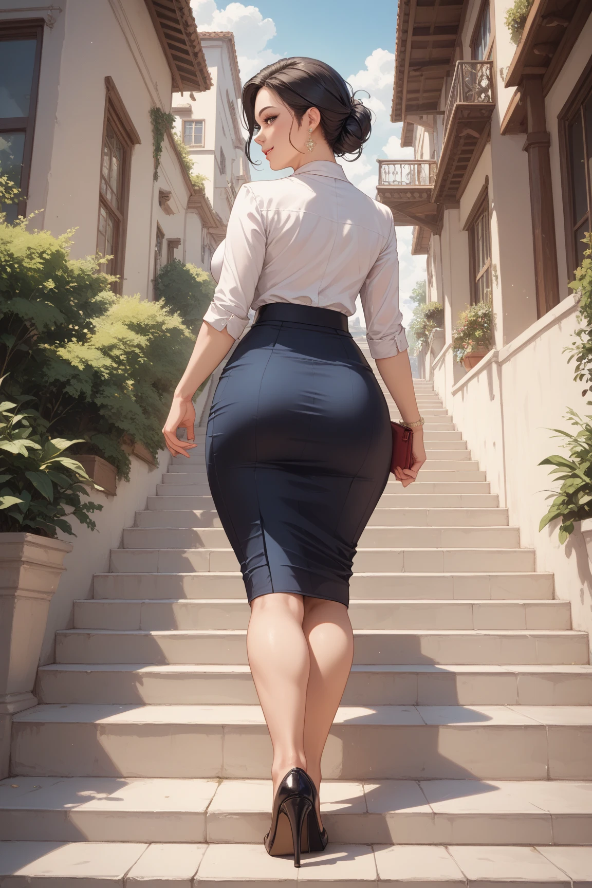masterpiece, best quality, high detail, beautiful business woman walking, wavy hair, dark red hair, low ponytail, black blazer and blouse, black midi pencil skirt, heels, looking at viewer, spring garden, cloudy backdrop, cloudy sky, city, city street, sidewalk, street lamp, park, trees, purse,