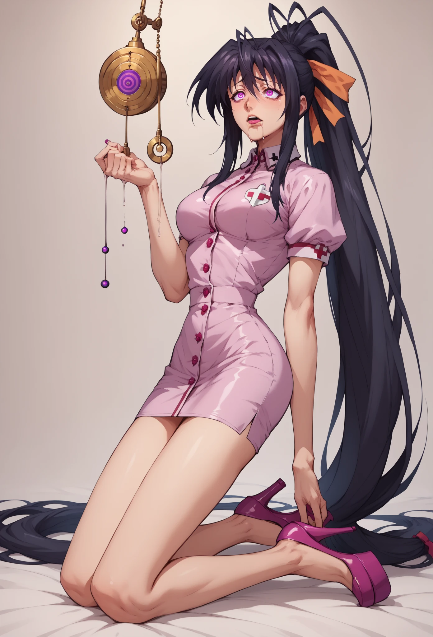 akeno himejima, long hair, black hair, ribbon, very long hair, purple eyes, hair ribbon, ponytail, antenna hair, latex nurse outfit, platform high heels, drooling, (hypnotised)