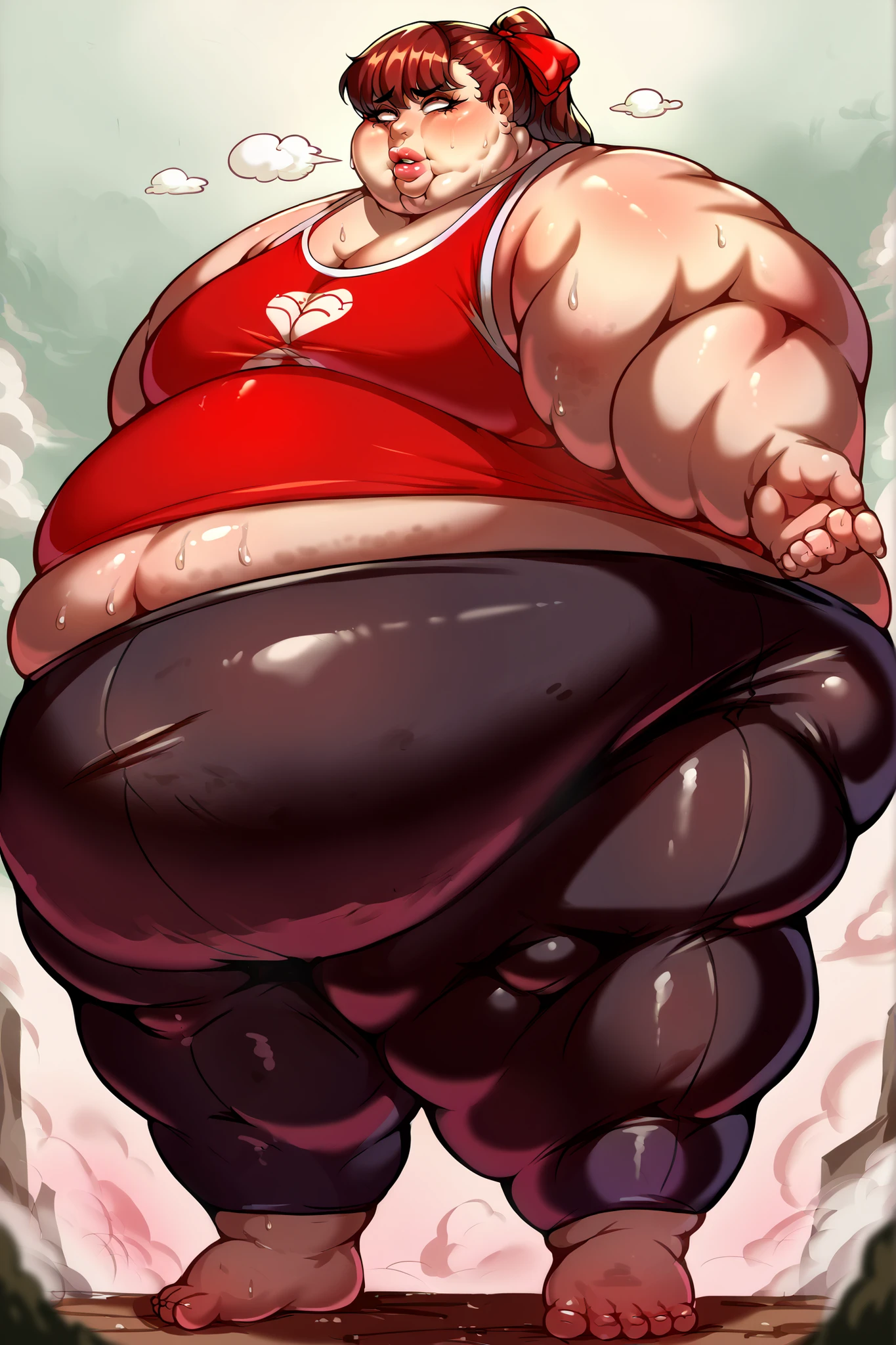 defSumi, long hair, ponytail, red bow, tank top, midriff, bike shorts, giant hands, giant feet, fat, chubby, obese, gigantic arms and legs, gigantic breasts, sagging breasts, full body shot, fat face, chubby face, double chins, big lips, swollen lips, sweating, sweat stains, steam clouds, grease stains, flustered, swollen face, Fat_neck , Fat head , eyes with crushed cheeks , nose with crushed cheeks , mouth with crushed cheeks , chin roll, back view