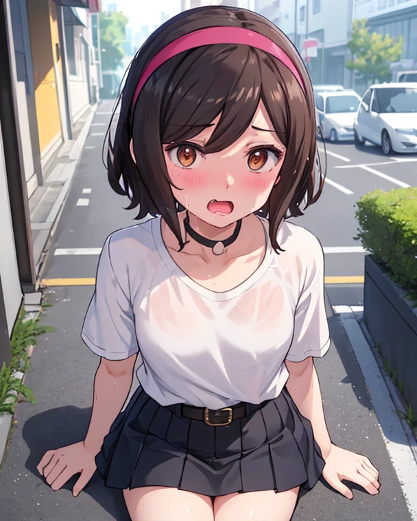 (1 girl), Little,messy hair,brown body hair,(rape face),, masterpiece, highest quality, ultra high resolution, 8k, professional lighting, photon mapping, ,(city sidewalk),low saturation,Front view, full length, realistic background, shallow depth of field, perfect anatomy,,((cute:1.5)),(10 years old:1.5)、(school uniform:1.2),(I was scared:1.6)、(blush:1.5),NSFW, (:>=:1.1), (1 boy, Until a lot:1.2), No sleeve, bare clavicle, Look up at the viewer with a loving gaze, (close to the viewer:1.3), (the audience is standing:1.1),((pov oral sex:1.6)), ,((penis:1.8))、((deep throat:1.2))