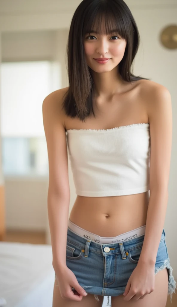 (masterpiece, Highest quality:1.2), 8K, Young and beautiful girl, 85mm,Official AR RAW Photos, Baby Face、小さいchest、Show me your ears、photo shoot, Cute face, Thighs, After-School Classes, Looking at the audience, Embarrassing、smile、Landmine Makeup, Film Grain, chromatic aberration, Sharp focus, Face Light, Bright lighting, 10 generations, Detailed face, Background Blur、((((((13 years old)))))、Tight waist、Nipples、chest、Black pleated mini skirt with belt、White panties are visible、姿頭部からkneesまで、knees、Front view、Wear fishnet stockings、Semi-long hair、topless、Nipplesが見えている、Take off your tops、Aカップのchest、いchest