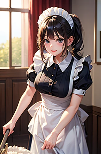 a perverted maid, seductive maid outfit, no bra, thong, perfect pose, 