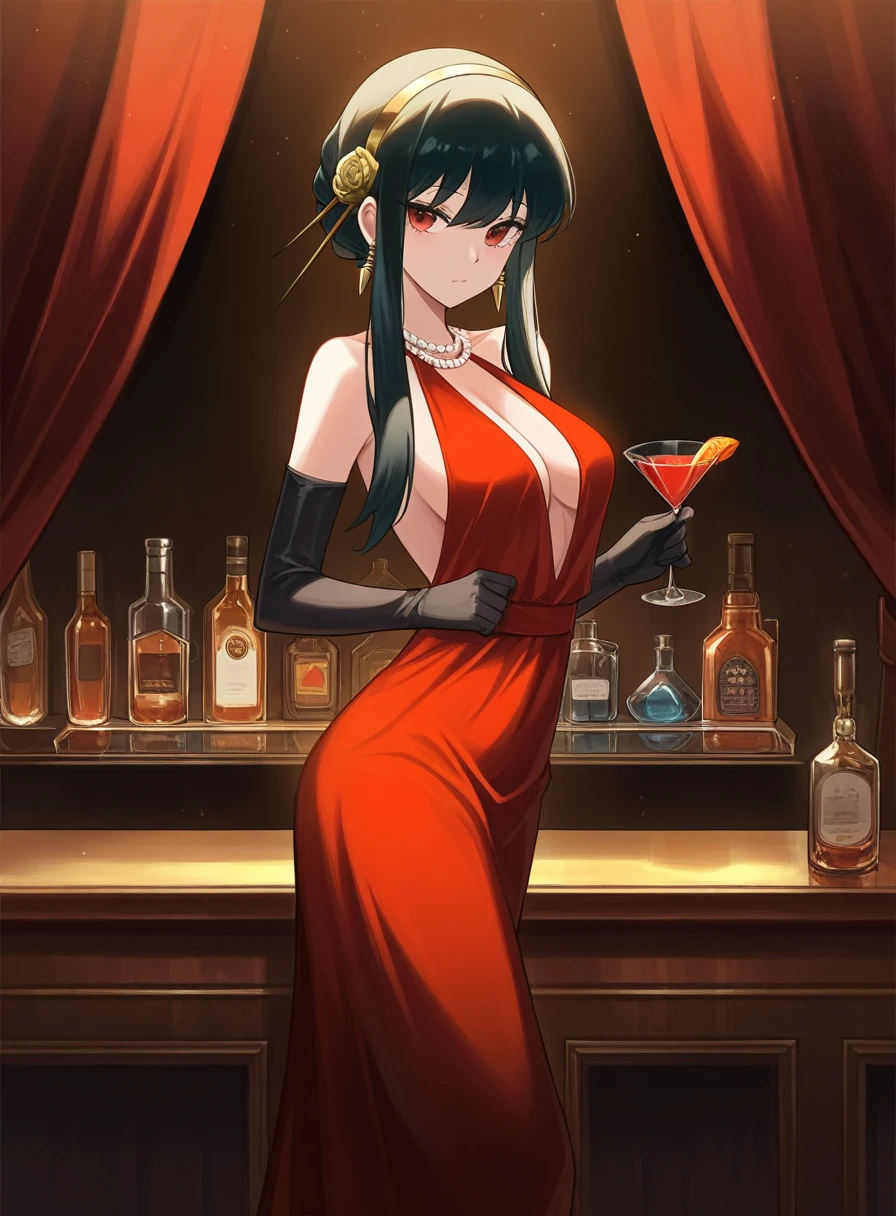 Prompt - masterpiece, best quality, solo, MORMVCIALT, green hair, blunt bangs, high ponytail, red crop top, sleeveless, bangle, fingerless gloves, red pencil skirt, pantyhose, bat print, sitting, indoors, bar, luxurious bar, drinking, glass, whisky, waving at viewer,