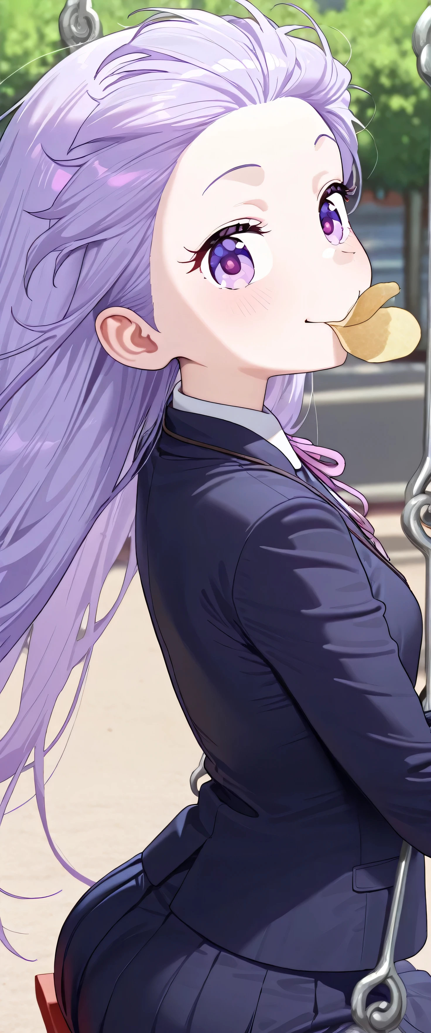 (beautiful girl: 1.3),Highest quality,8k,Highly detailed CG unit wallpaper,masterpiece:1.2,top-quality,Ultra-high resolution,RAW Photos,real texture skin,beautifully shaped butt,1girl,solo,Aoba SUZUKAZE,purple hair, long hair, small breasts,smile,Tilting head,suits, skirt,(close up:1.5),swing,park,pringle duck,potato chips, mouth hold, food in mouth, eating