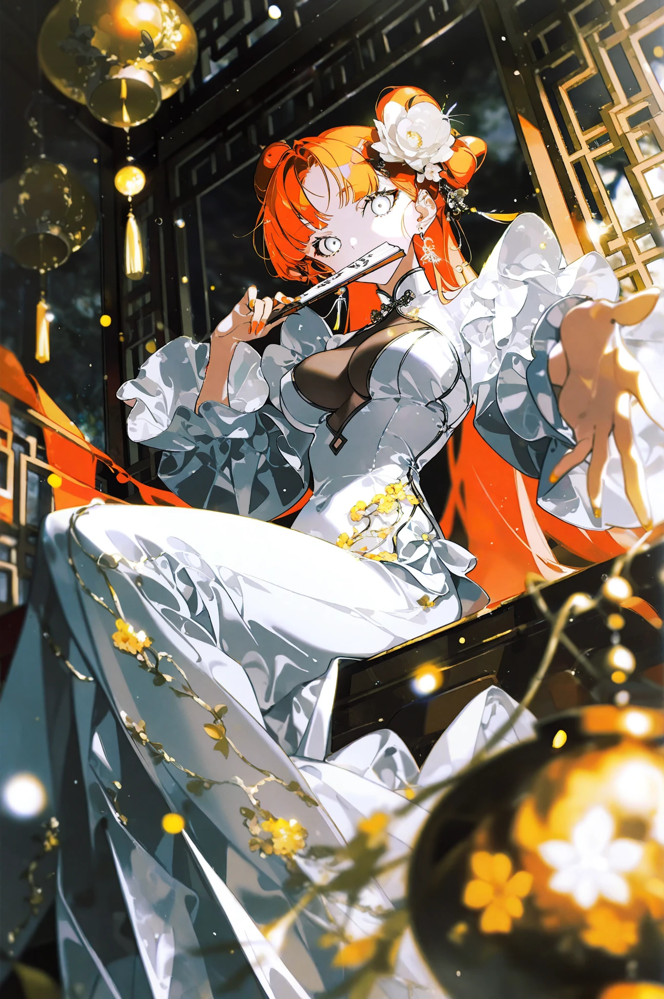 masterpiece, amazing quality, best quality, good quality, absurdres, ultra-high resolution, 32K UHD, masterful details, extreme aesthetic, very aesthetic, newest, year 2024, year 2023, sharp focus,
(void 0:0.46), (yoneyama mai:1.2), (cocoballking:0.45), (rella:0.5), (reoen:0.34), (wanke:0.56)
official art, emotionalization, unconventional supreme, impactful picture, perspective composition, movie perspective, depth of field, blurry foreground, light particles, blurry,
1girl, orange hair, very long hair, white eyes, large breasts, nail polish, hair ornament, hair flower, white flower, see-through cleavage, chinese clothes, china dress, long sleeves, long dress, white dress, fantasy_dress_lora, ornate_outfit_style, elegant fantasy dress, enchanted outfit, asymmetrical fashion, layered fabric, shimmering fabric, magical embroidery, silk dress, flowing dress, fantasy jewelry, ornate accessories, intricate ornaments, rich colors, solo, looking at viewer, covered mouth, holding fan, hand fan, covering own mouth, sitting, window, round window, lattice, flower, indoors,