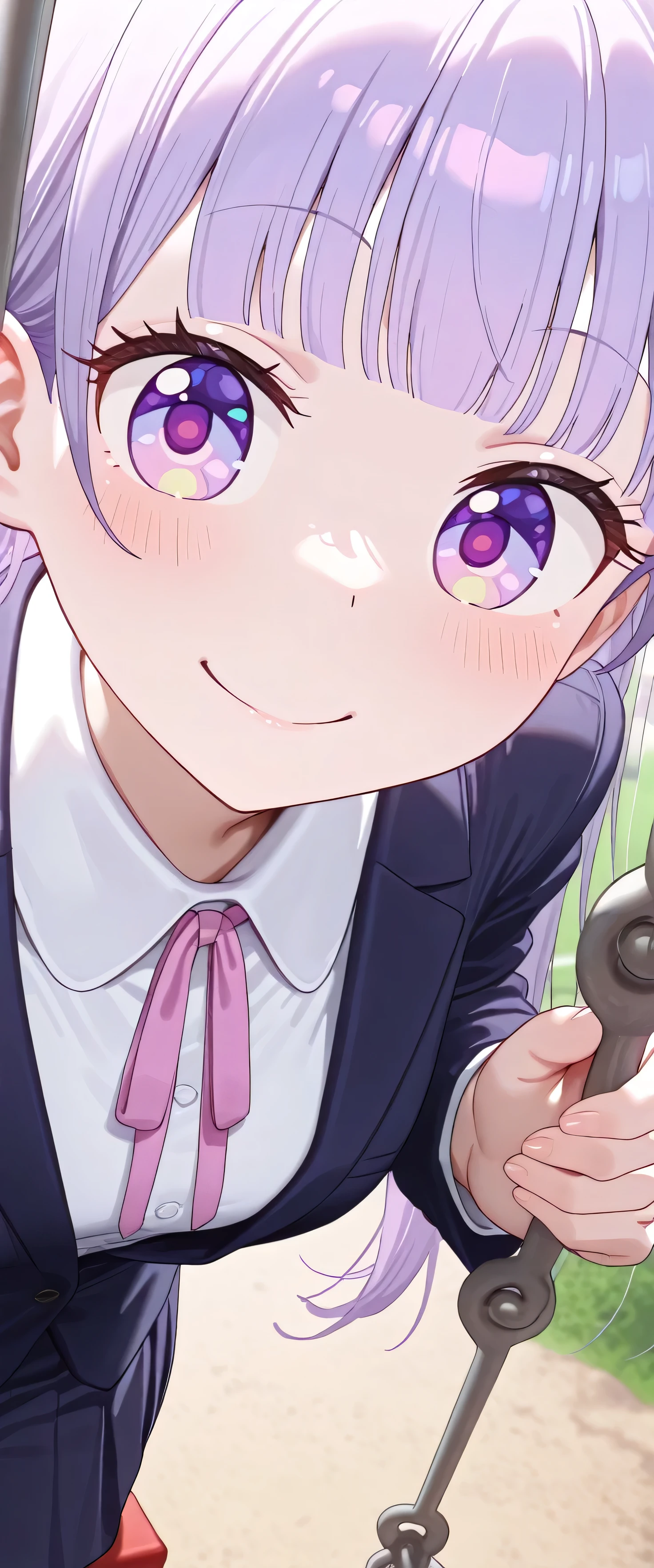 (beautiful girl: 1.3),Highest quality,8k,Highly detailed CG unit wallpaper,masterpiece:1.2,top-quality,Ultra-high resolution,RAW Photos,real texture skin,beautifully shaped butt,1girl,solo,Aoba SUZUKAZE,purple hair, long hair, small breasts,smile,Tilting head,suits, skirt,(close up:1.5),swing,park,(((colorful eyes)))