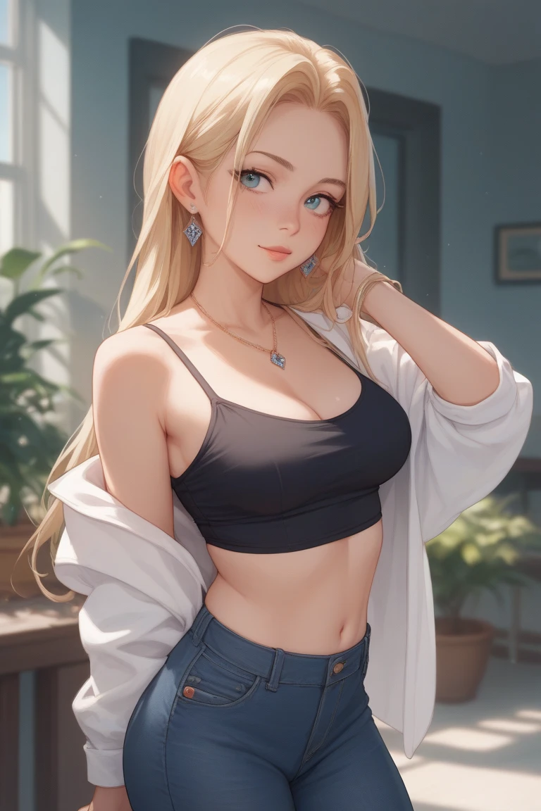 O fata de 15 ani cu parul lung blond pana la fund, ochii căprui, long eyelashes, thin blonde eyebrows, thin red lips, big breasts ,medium waist, a short white tank top and a pair of long blue jeans and straight black glasses