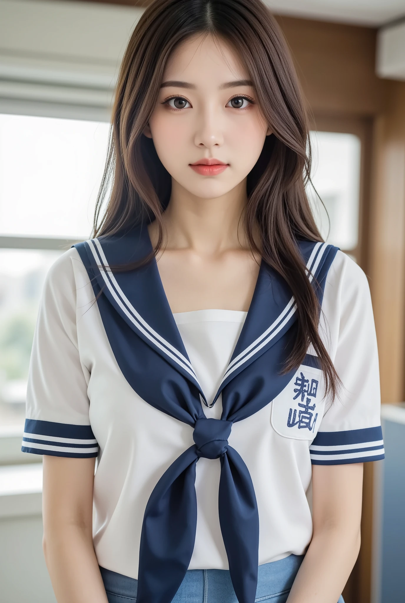 ​masterpiece, top-quality, 8K, Official Art, Raw foto, Incredibly absurd, beautiful a girl, cute  face, (sitting on, The upper part of the body, a sailor suit, serafuku,:1.2), 校服, The shirt, looking at the viewers, proximity, Teen, ‎Classroom, a bow tie, navy pleats skirt, A hyper-realistic, hight resolution, a picture, film grains, chromatic abberation, foco nítido, face lights, Dynamic lighting, Cinematographic lighting, highestdetailed, Extreme details, ultra-detailliert, detaile、extremely detailed eye and face、Perfect Anatomy、A sexy、Cute、