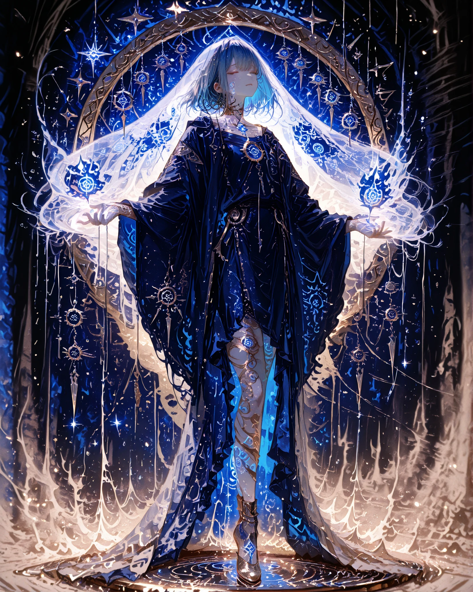 mestra, natural lighting, noite, sombras perfeitas, Ray Tracing, imagem detalhada, perfect human anatomy, be ethereal and androgynous wearing long veils in dark blue tones, fluid and translucent, layered clothes floating, pale skin like porcelain with a bluish tint, closed eyes with dry tear marks carved on the cheeks, floating runes orbiting her arms, circular metal piece embedded in the neck with a thin thread disappearing on the chest, dreamcatcher symbol inverted and broken, delicate silver threads and strings/white hanging with silent bells, serene expression, aura misteriosa , fog following in its footsteps, fine sand particles floating around the face, shiny gold fractal tattoos moving across the body, ambient light in soft shades of blue and violet, surreal landscape background with blurry shapes and mutable geometry, fantasia escura, movie lighting, high level of detail, arte conceitual, Full body portrait, 4k, ultra detalhado, dark and ethereal atmosphere
