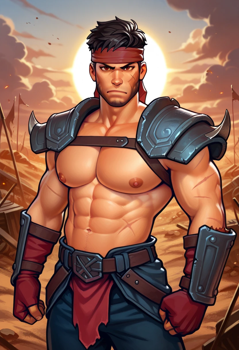 Solo Sexy anthro scalie dragon male mercenary medieval solider, slim endomorph muscular handsone model male apperance, sword scars, worn out rusty skimpy armament, low on hips heavy leather belt, old very worn out skimpy dirty linen material jockstrap, old yellow dirty worn out stains on white jockstrap, studded skimpy armlets breastplate armor, skimpy breastplate, leather bondages, fingerless leather gloves, smelly unwashed husk, dirty body look, desert battlefield, standing in sexy fighting position, close view of full character