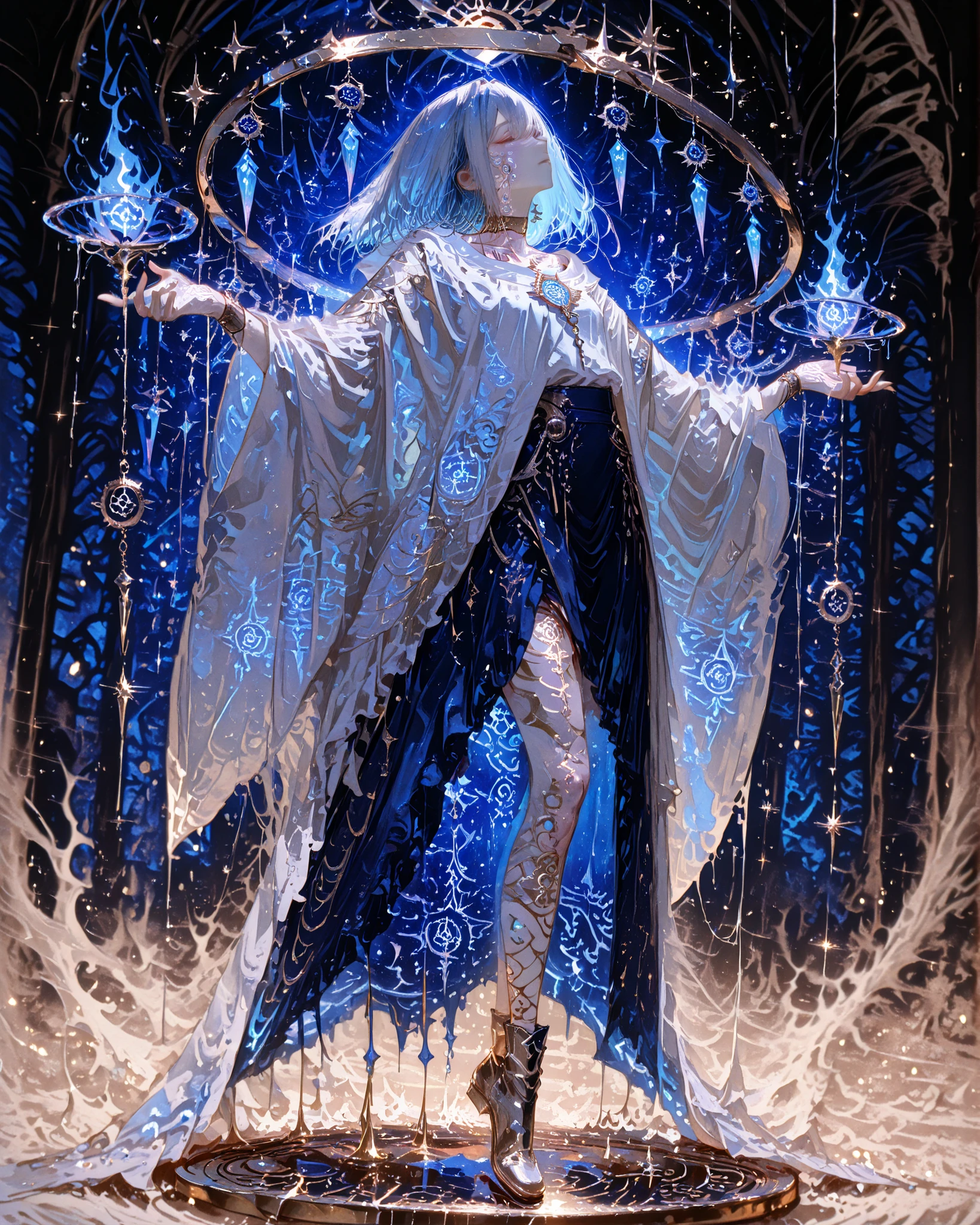 mestra, natural lighting, noite, sombras perfeitas, Ray Tracing, imagem detalhada, perfect human anatomy, be ethereal and androgynous wearing long veils in dark blue tones, fluid and translucent, layered clothes floating, pale skin like porcelain with a bluish tint, closed eyes with dry tear marks carved on the cheeks, floating runes orbiting her arms, circular metal piece embedded in the neck with a thin thread disappearing on the chest, dreamcatcher symbol inverted and broken, delicate silver threads and strings/white hanging with silent bells, serene expression, aura misteriosa , fog following in its footsteps, fine sand particles floating around the face, shiny gold fractal tattoos moving across the body, ambient light in soft shades of blue and violet, surreal landscape background with blurry shapes and mutable geometry, fantasia escura, movie lighting, high level of detail, arte conceitual, Full body portrait, 4k, ultra detalhado, dark and ethereal atmosphere